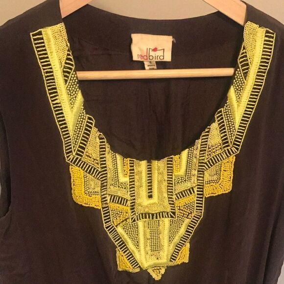 Red Bird 100% Silk Elastic Waist Mini Dress Size 6 - Picture 3 of 6